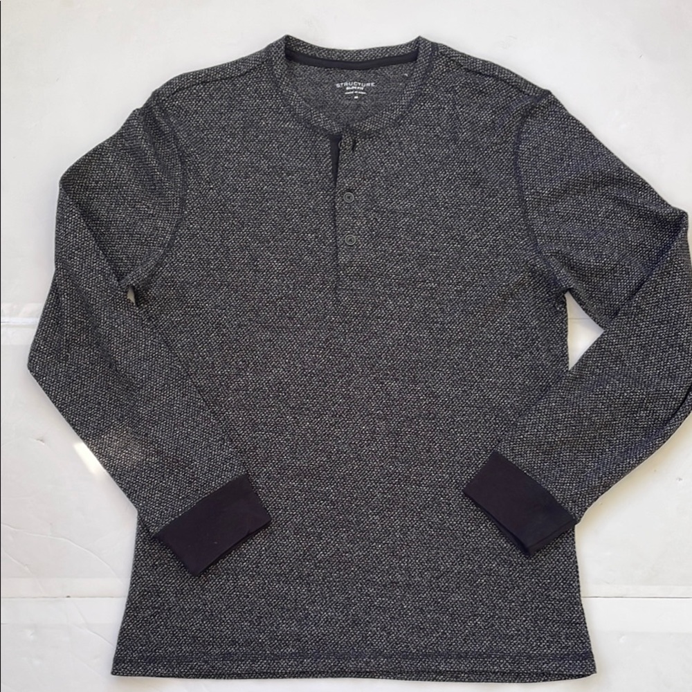 Structure Slim Fit Long Sleeve Tee Textured Pattern Black Grey Henley Medium